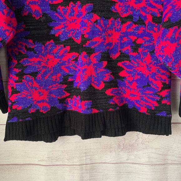 Vintage Floral Sweater Mock Turtleneck 80s 90s Neon Pink Purple Glitter Retro - Picture 3 of 15